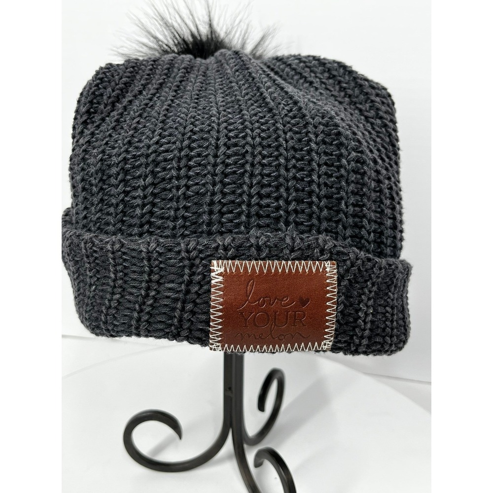 Love Your Melon Beanie Hat Charcoal Gray Black Faux Fur Pom 100% Cotton USA OSFM